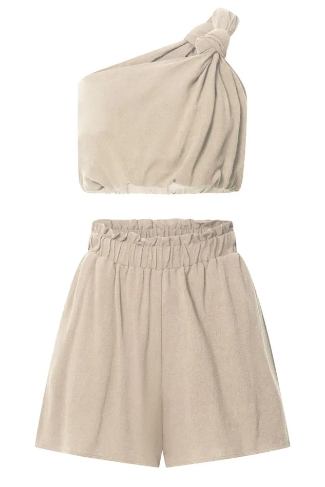 Raylene Two Piece Set 8211 Linen Look Knotted One Shoulder Top And Paper Bag Waist Shorts In Natural Women Showpo Curve Clothes