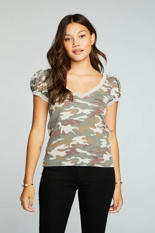 Recycled Vintage Rib Deep V Puff Sleeve Tee Womens Tops Chaser Brand
