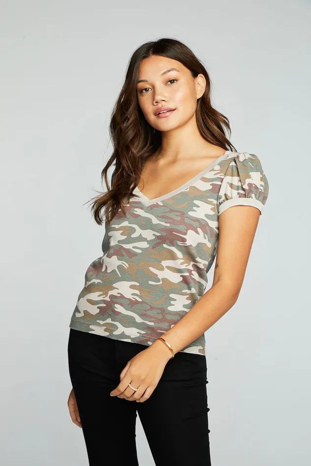 Recycled Vintage Rib Deep V Puff Sleeve Tee Womens Tops Chaser Brand