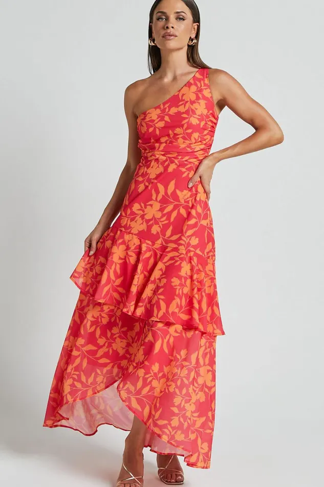 Reyes Midi Dress 8211 Asymmetric One Shoulder With Ruffle Hem Dress In Shadow Fuchsia Print Women Showpo Dresses
