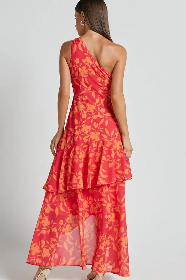 Reyes Midi Dress 8211 Asymmetric One Shoulder With Ruffle Hem Dress In Shadow Fuchsia Print Women Showpo Dresses