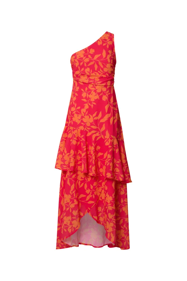 Reyes Midi Dress 8211 Asymmetric One Shoulder With Ruffle Hem Dress In Shadow Fuchsia Print Women Showpo Dresses