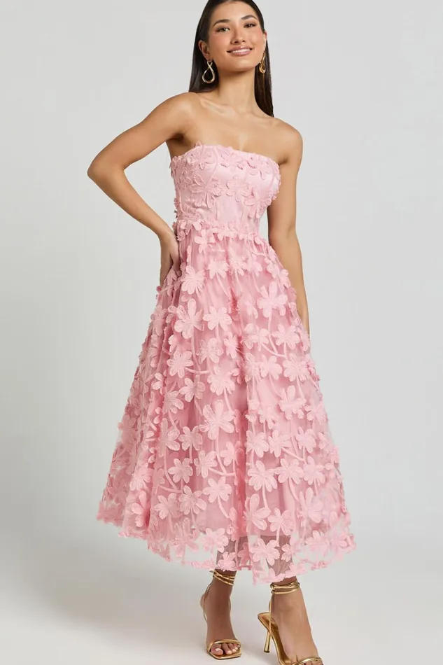 Rheiva Midi Dress 8211 Strapless 3D Embroidery Midi Dress In Soft Pink Women Showpo Dresses