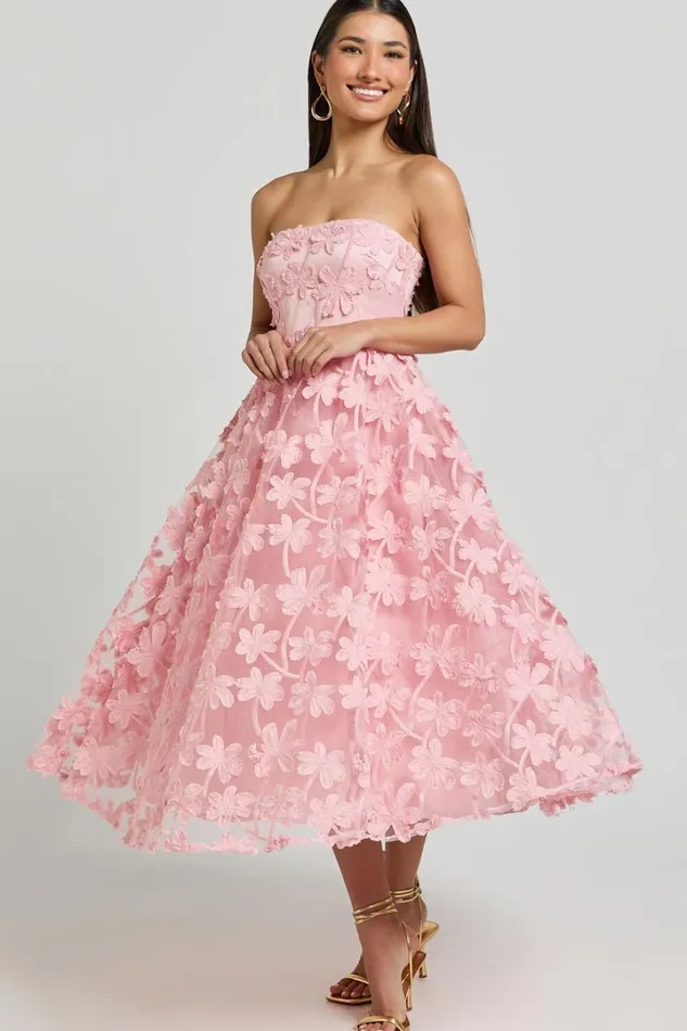 Rheiva Midi Dress 8211 Strapless 3D Embroidery Midi Dress In Soft Pink Women Showpo Dresses