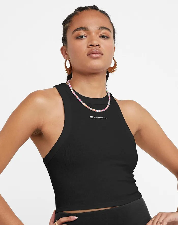Ribbed Tank Classic Script Black Women Champion TShirts and Tops