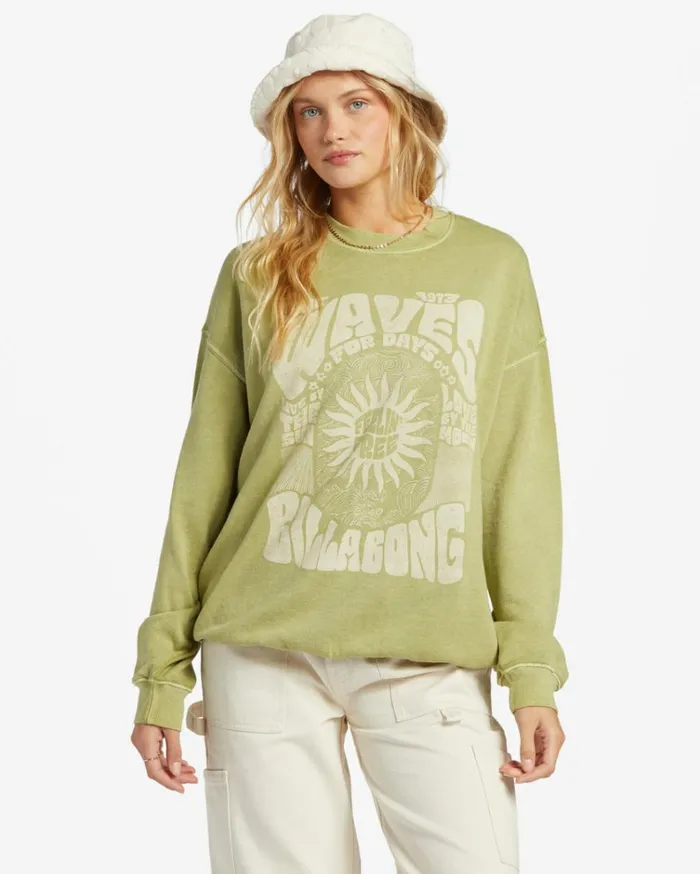 Ride In Oversized Crewneck Sweatshirt Palm Green Women Billabong Sweatshirts and Fleece