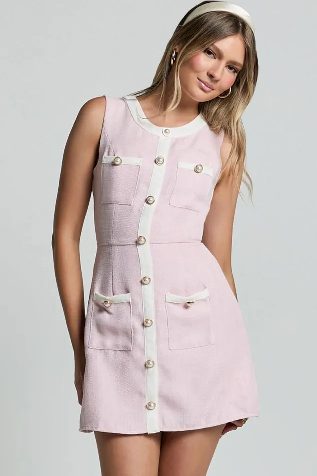 River Mini Dress 8211 Boucle Button Through A Line Dress In Light Pink Women Showpo Dresses