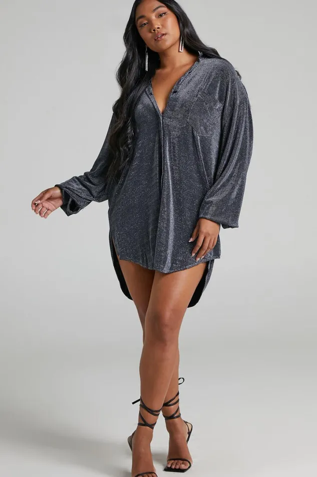 Ruri Mini Dress 8211 Sparkly Oversized Shirt Dress In Black And Silver Women Showpo Curve Clothes
