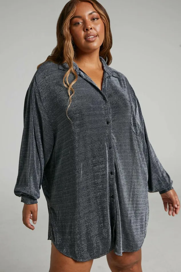 Ruri Mini Dress 8211 Sparkly Oversized Shirt Dress In Black And Silver Women Showpo Curve Clothes