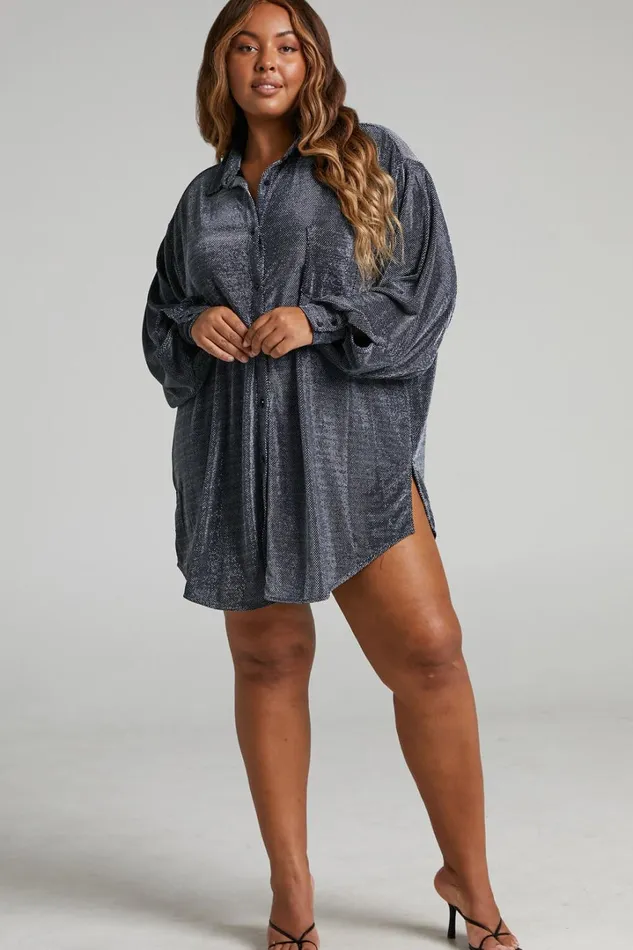 Ruri Mini Dress 8211 Sparkly Oversized Shirt Dress In Black And Silver Women Showpo Curve Clothes