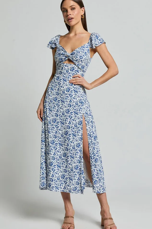 Sally Midi Dress 8211 Flutter Sleeve Cut Out Thigh Split Dress In Blue Floral Women Showpo Dresses Sally Midi Dress 8211 Flutter Sleeve Cut Out Thigh Split Dress In Blue Floral Women Showpo Dresses
