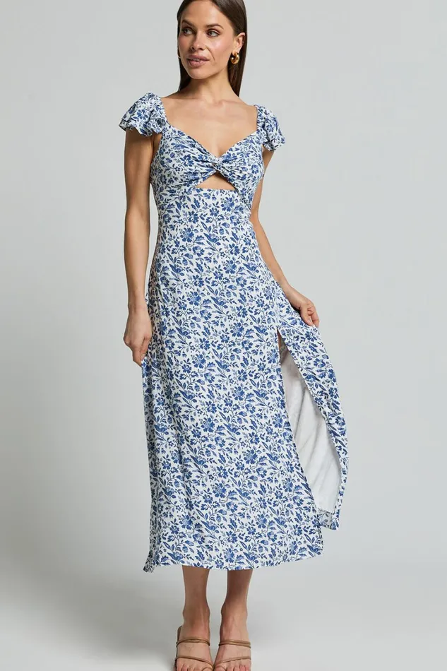 Sally Midi Dress 8211 Flutter Sleeve Cut Out Thigh Split Dress In Blue Floral Women Showpo Dresses