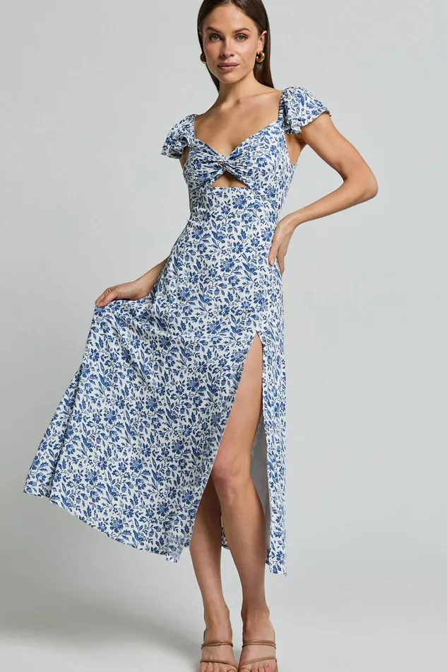Sally Midi Dress 8211 Flutter Sleeve Cut Out Thigh Split Dress In Blue Floral Women Showpo Dresses
