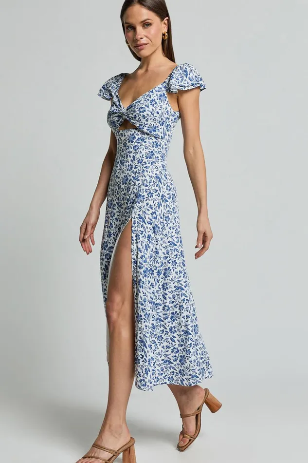 Sally Midi Dress 8211 Flutter Sleeve Cut Out Thigh Split Dress In Blue Floral Women Showpo Dresses