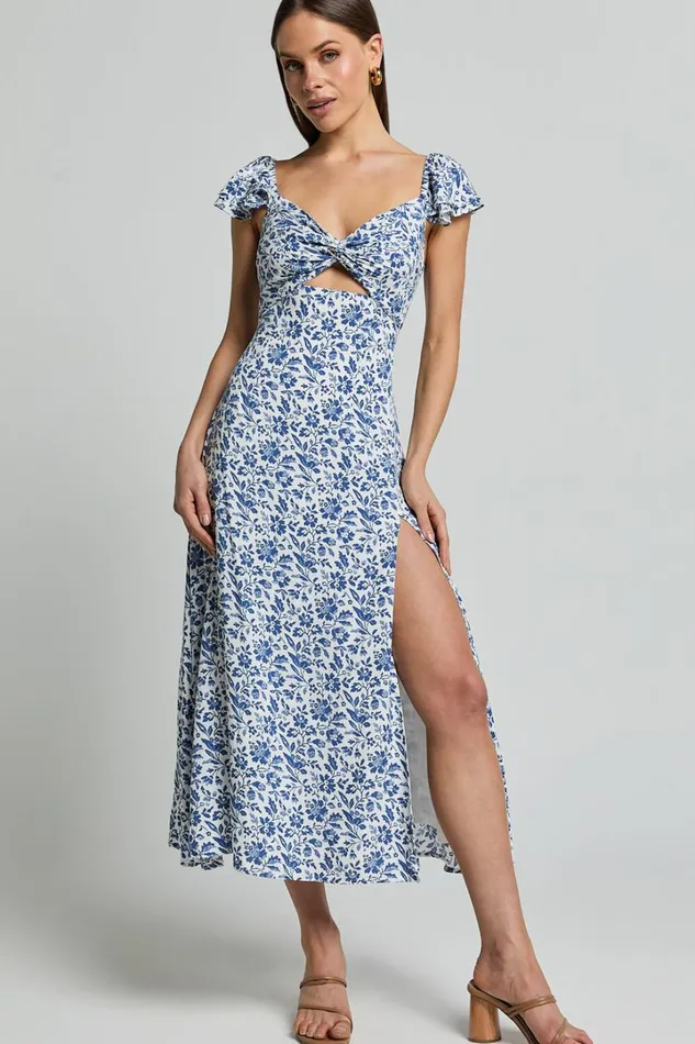 Sally Midi Dress 8211 Flutter Sleeve Cut Out Thigh Split Dress In Blue Floral Women Showpo Dresses