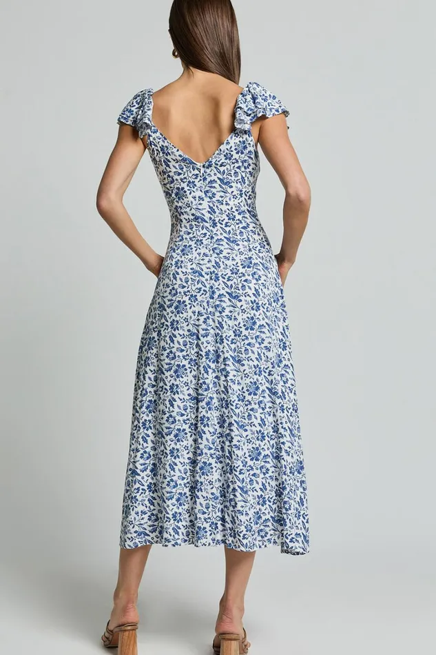Sally Midi Dress 8211 Flutter Sleeve Cut Out Thigh Split Dress In Blue Floral Women Showpo Dresses