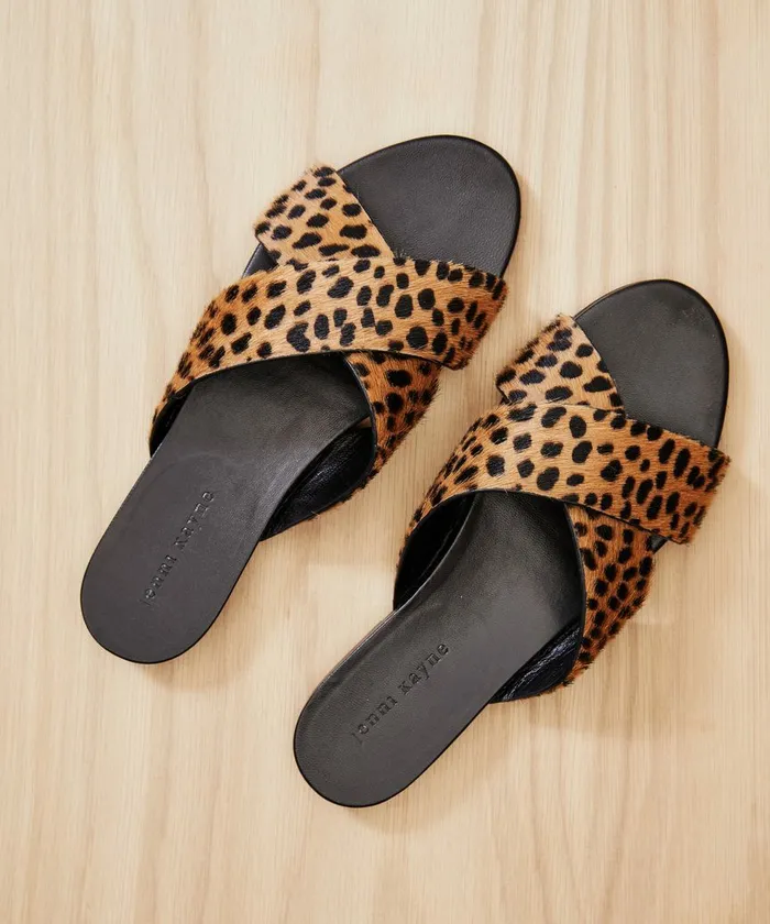 Sandals and Slides Women Jenni Kayne Pony Hair Crossover Sandal Cheetah