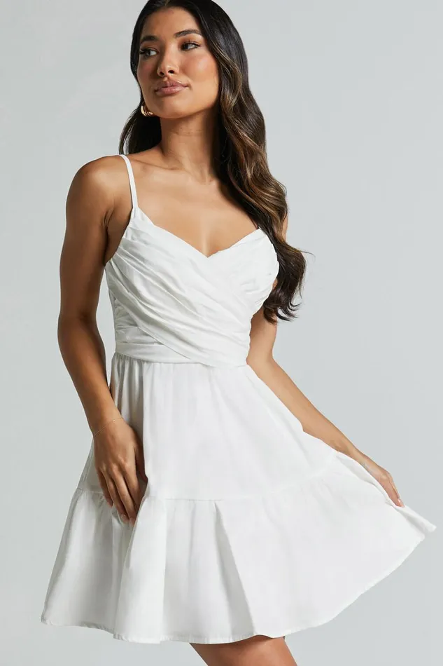 Sandra Midi Dress 8211 Draped Crossover Bodice Tiered Dress In Ivory Women Showpo Dresses