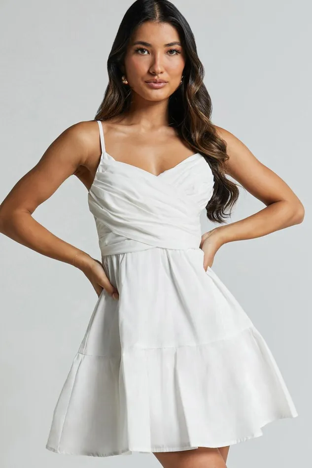 Sandra Midi Dress 8211 Draped Crossover Bodice Tiered Dress In Ivory Women Showpo Dresses