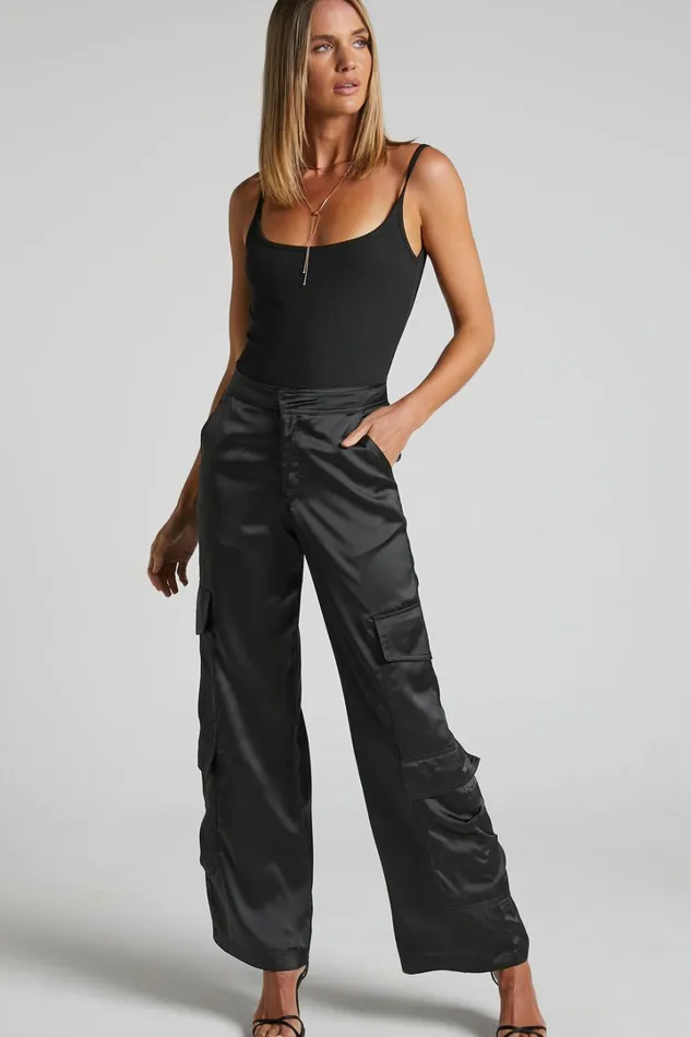 Saori Pants 8211 Mid Rise Satin Cargo Pants In Black Women Showpo Pants
