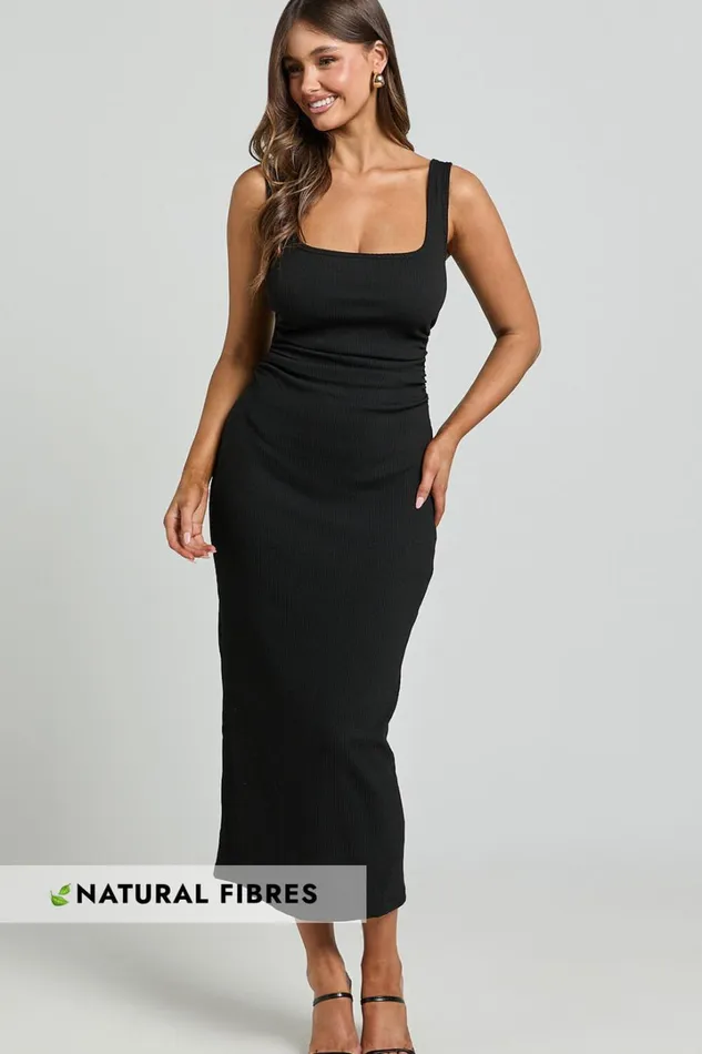 Sarina Midi Dress 8211 Ribbed Scoop Neck Dress In Black Women Showpo Basics