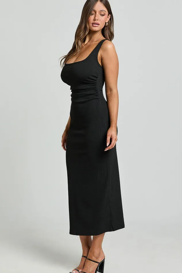 Sarina Midi Dress 8211 Ribbed Scoop Neck Dress In Black Women Showpo Basics