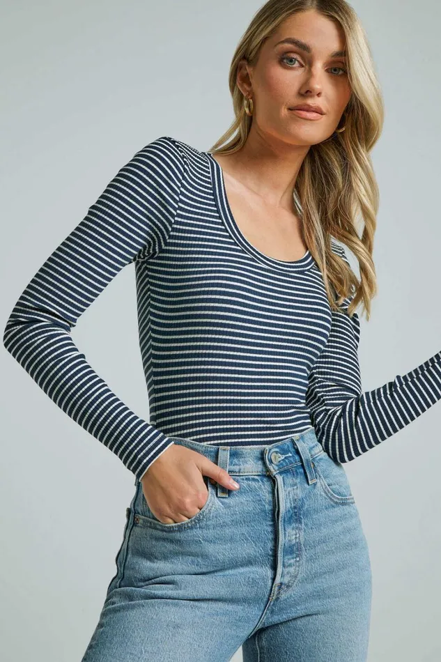Savanna Bodysuit 8211 Long Sleeve Stripe Scoop Neck Bodysuit In Navy and White Stripe Women Showpo Basics Savanna Bodysuit 8211 Long Sleeve Stripe Scoop Neck Bodysuit In Navy and White Stripe Women Showpo Basics