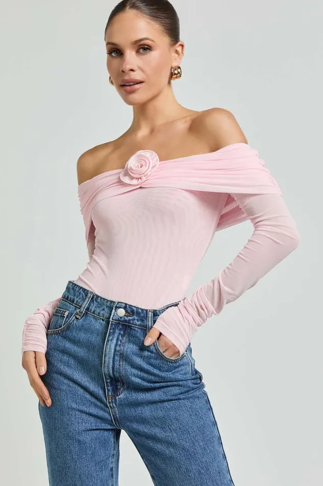 Seraphina Bodysuit 8211 Off Shoulder Long Sleeve Detachable Rosette Mesh Bodysuit In Baby Pink Women Showpo Tops