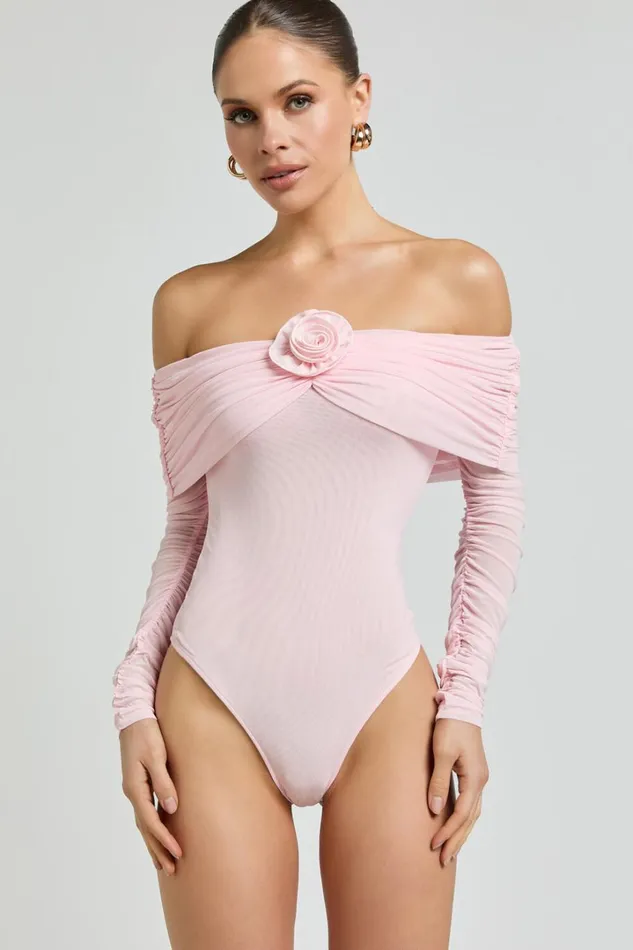 Seraphina Bodysuit 8211 Off Shoulder Long Sleeve Detachable Rosette Mesh Bodysuit In Baby Pink Women Showpo Tops