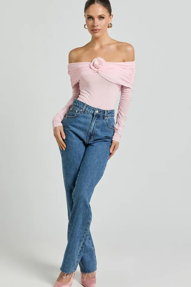 Seraphina Bodysuit 8211 Off Shoulder Long Sleeve Detachable Rosette Mesh Bodysuit In Baby Pink Women Showpo Tops