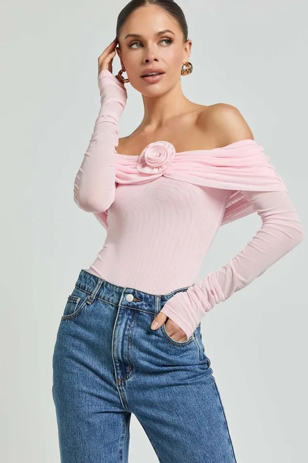 Seraphina Bodysuit 8211 Off Shoulder Long Sleeve Detachable Rosette Mesh Bodysuit In Baby Pink Women Showpo Tops