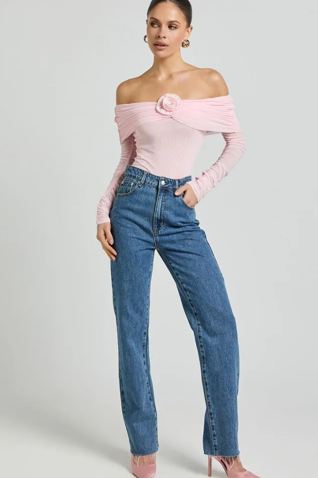 Seraphina Bodysuit 8211 Off Shoulder Long Sleeve Detachable Rosette Mesh Bodysuit In Baby Pink Women Showpo Tops
