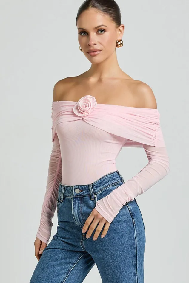 Seraphina Bodysuit 8211 Off Shoulder Long Sleeve Detachable Rosette Mesh Bodysuit In Baby Pink Women Showpo Tops