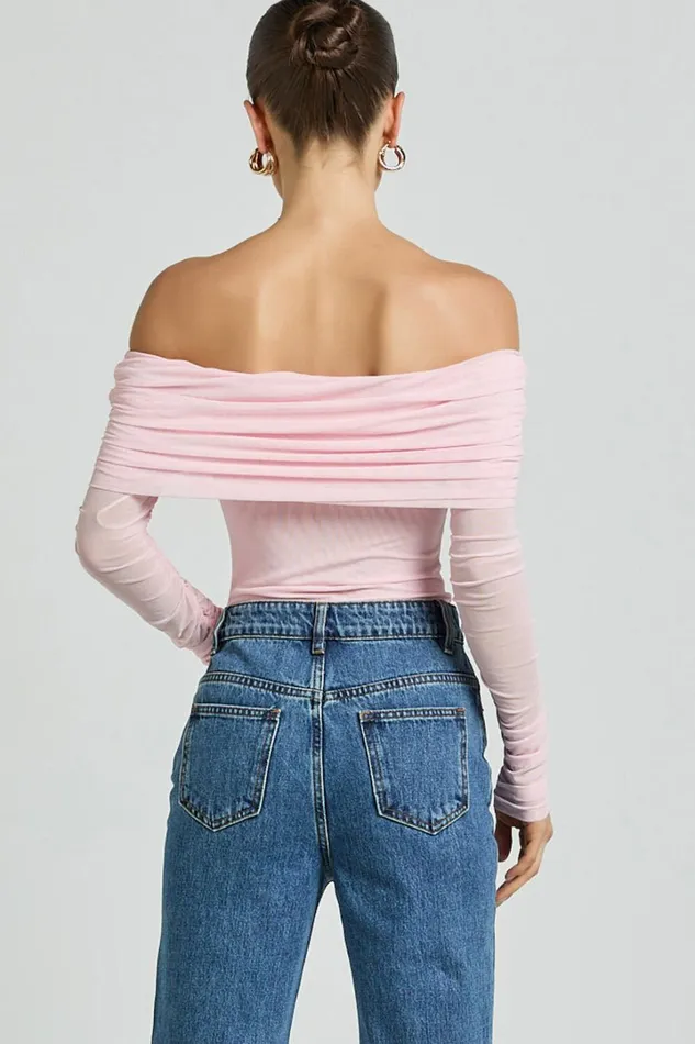 Seraphina Bodysuit 8211 Off Shoulder Long Sleeve Detachable Rosette Mesh Bodysuit In Baby Pink Women Showpo Tops