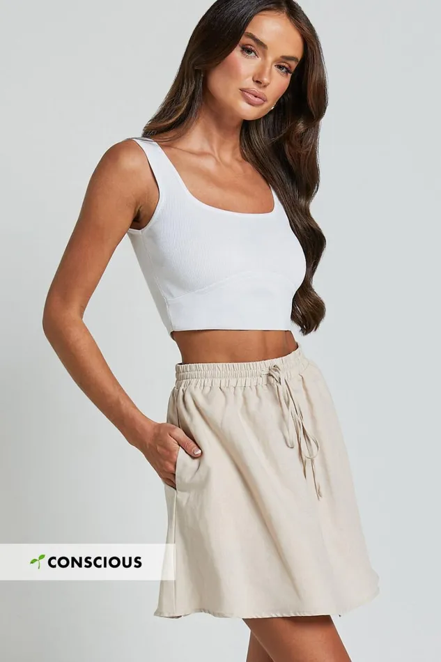 Sharai Mini Skirt 8211 Linen Look High Waisted Drawstring Skirt In Oatmeal Women Showpo Skirts Sharai Mini Skirt 8211 Linen Look High Waisted Drawstring Skirt In Oatmeal Women Showpo Skirts