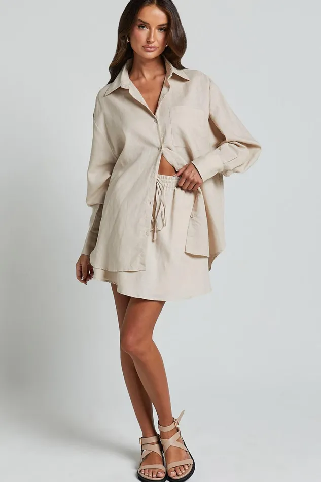 Sharai Mini Skirt 8211 Linen Look High Waisted Drawstring Skirt In Oatmeal Women Showpo Skirts