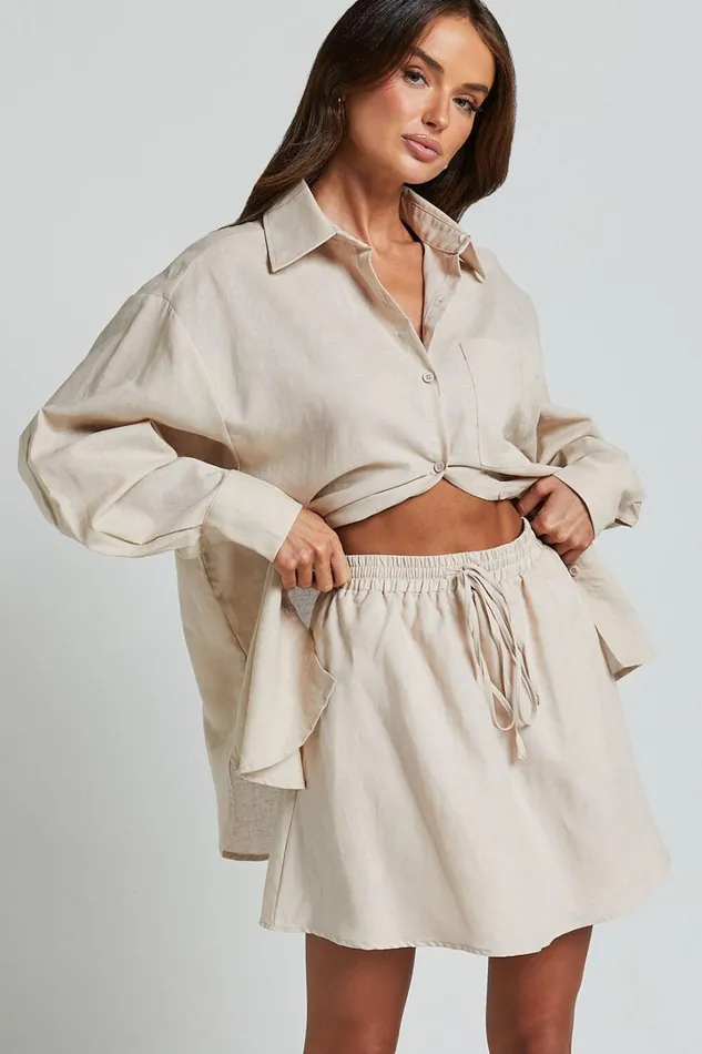 Sharai Mini Skirt 8211 Linen Look High Waisted Drawstring Skirt In Oatmeal Women Showpo Skirts