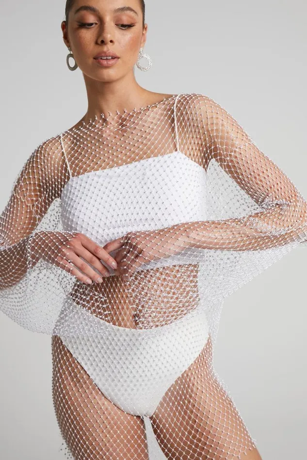 Sharlize Mini Dress 8211 Diamante Mesh Long Sleeve Dress In White Women Showpo Dresses