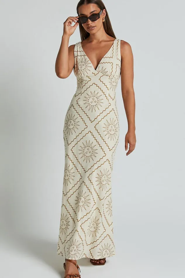 Sharlyn Midi Dress 8211 Deep V Neck Sleeveless Slip Dress In Beige Sun Print Women Showpo Dresses Sharlyn Midi Dress 8211 Deep V Neck Sleeveless Slip Dress In Beige Sun Print Women Showpo Dresses