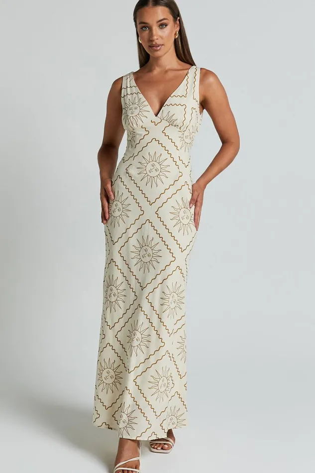 Sharlyn Midi Dress 8211 Deep V Neck Sleeveless Slip Dress In Beige Sun Print Women Showpo Dresses