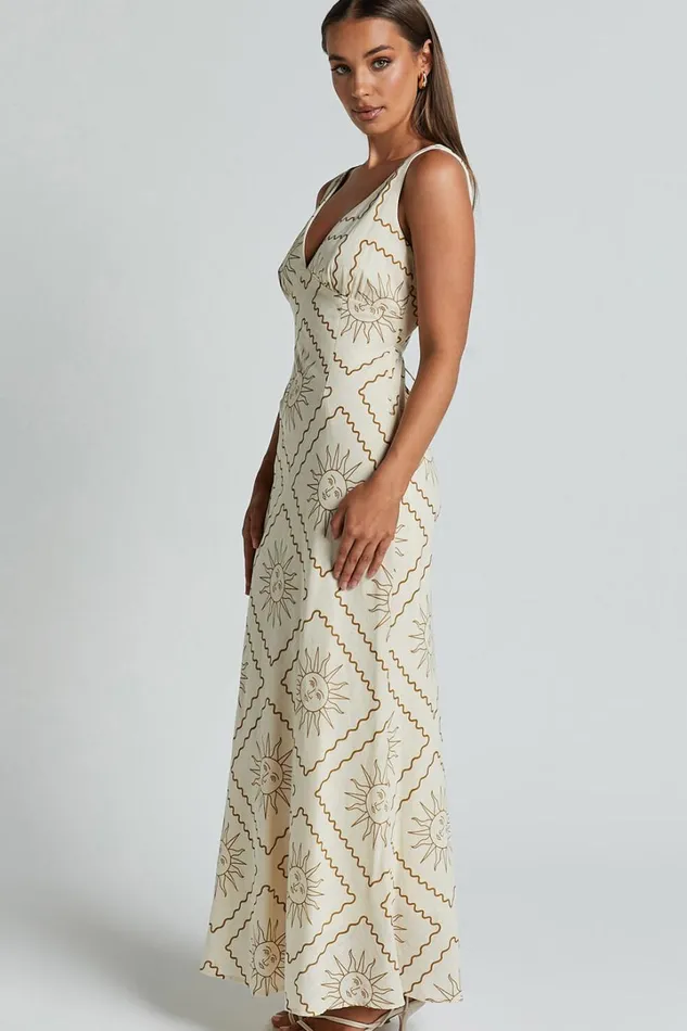 Sharlyn Midi Dress 8211 Deep V Neck Sleeveless Slip Dress In Beige Sun Print Women Showpo Dresses
