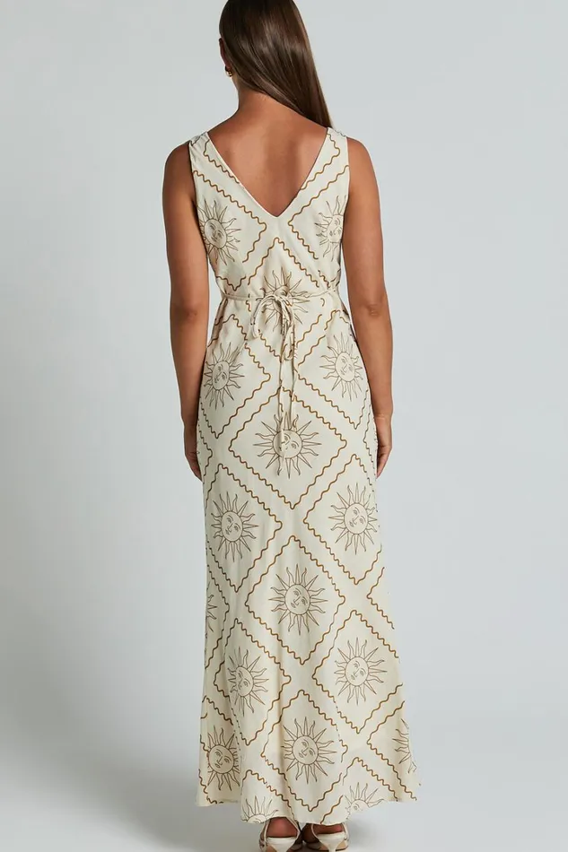 Sharlyn Midi Dress 8211 Deep V Neck Sleeveless Slip Dress In Beige Sun Print Women Showpo Dresses