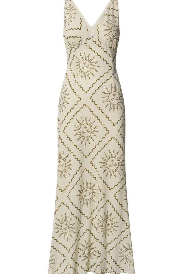 Sharlyn Midi Dress 8211 Deep V Neck Sleeveless Slip Dress In Beige Sun Print Women Showpo Dresses