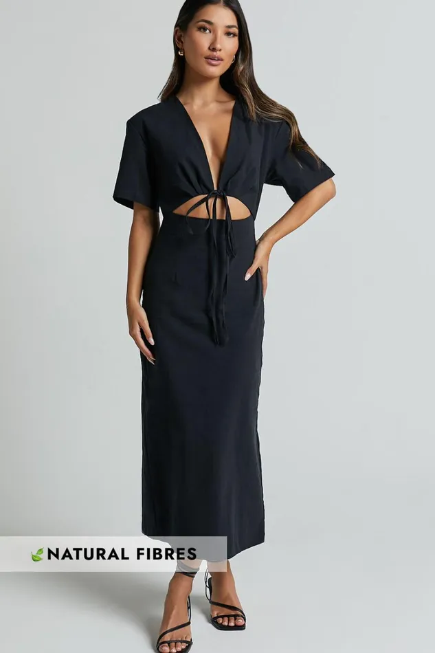 Sharon Midi Dress 8211 Plunge Neck Short Sleeve Front Cut Out Dress In Black Women Showpo Conscious Sharon Midi Dress 8211 Plunge Neck Short Sleeve Front Cut Out Dress In Black Women Showpo Conscious
