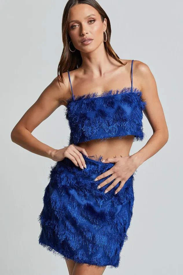 Shelby Mini Skirt 8211 High Waist Fringe Skirt In Cobalt Blue Women Showpo Skirts
