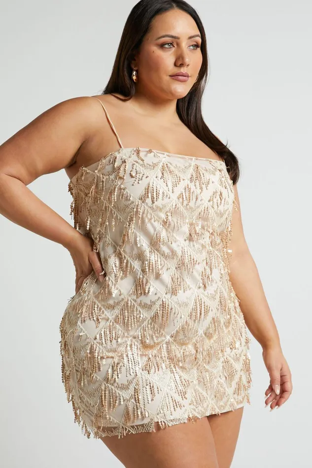 Shook Mini Dress 8211 Cami Sequin Fringe Dress In Champagne Sequin Women Showpo Curve Clothes