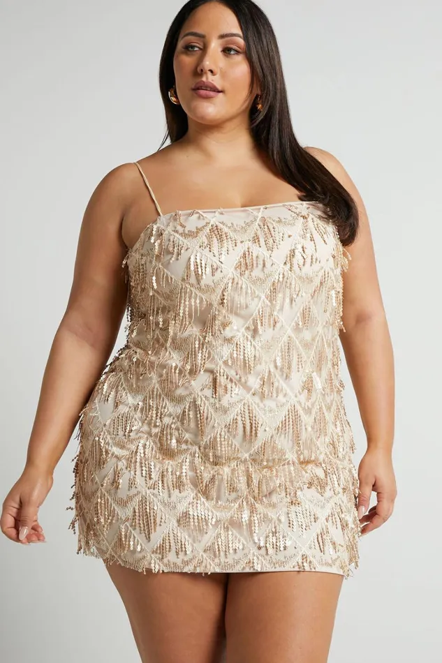 Shook Mini Dress 8211 Cami Sequin Fringe Dress In Champagne Sequin Women Showpo Curve Clothes