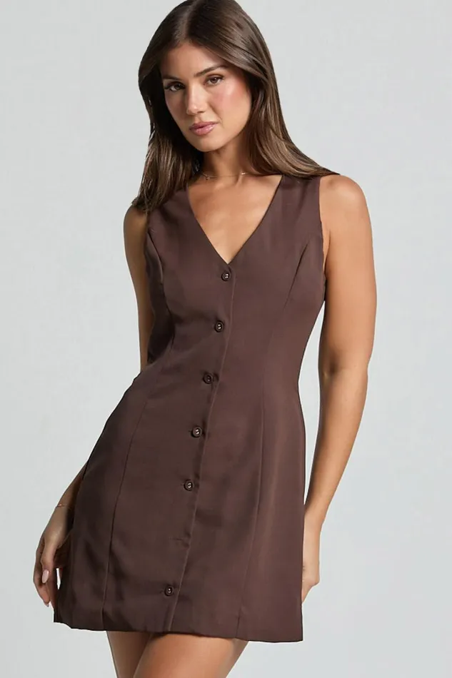 Sia Mini Dress 8211 V Neck Button Down Dress In Chocolate Women Showpo Dresses