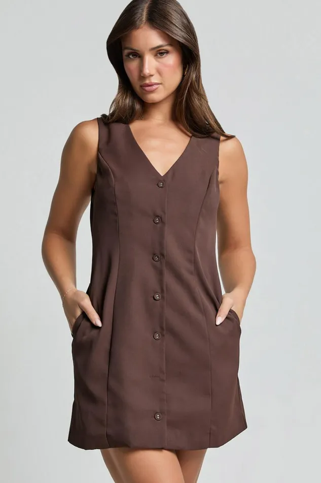 Sia Mini Dress 8211 V Neck Button Down Dress In Chocolate Women Showpo Dresses