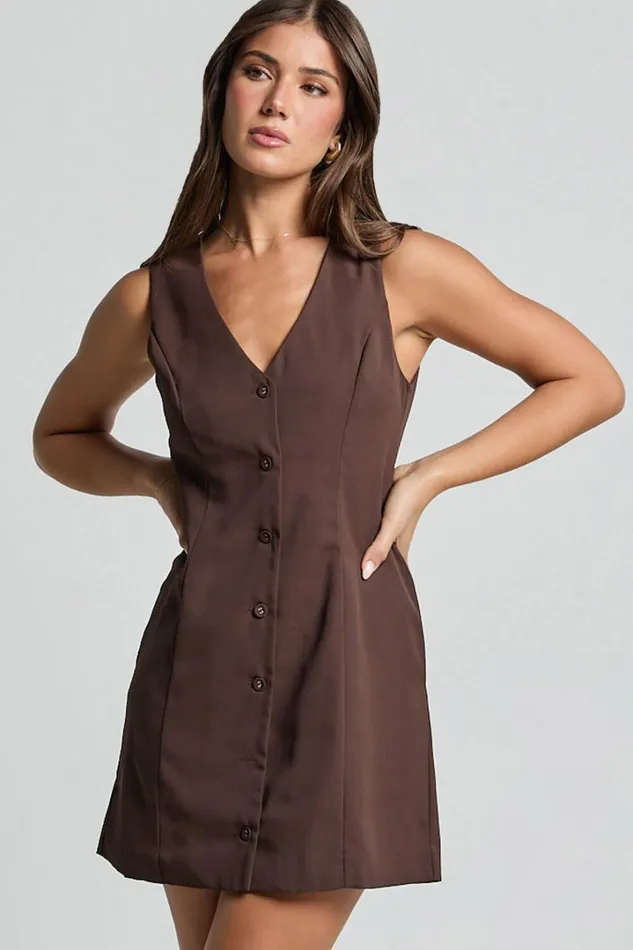 Sia Mini Dress 8211 V Neck Button Down Dress In Chocolate Women Showpo Dresses